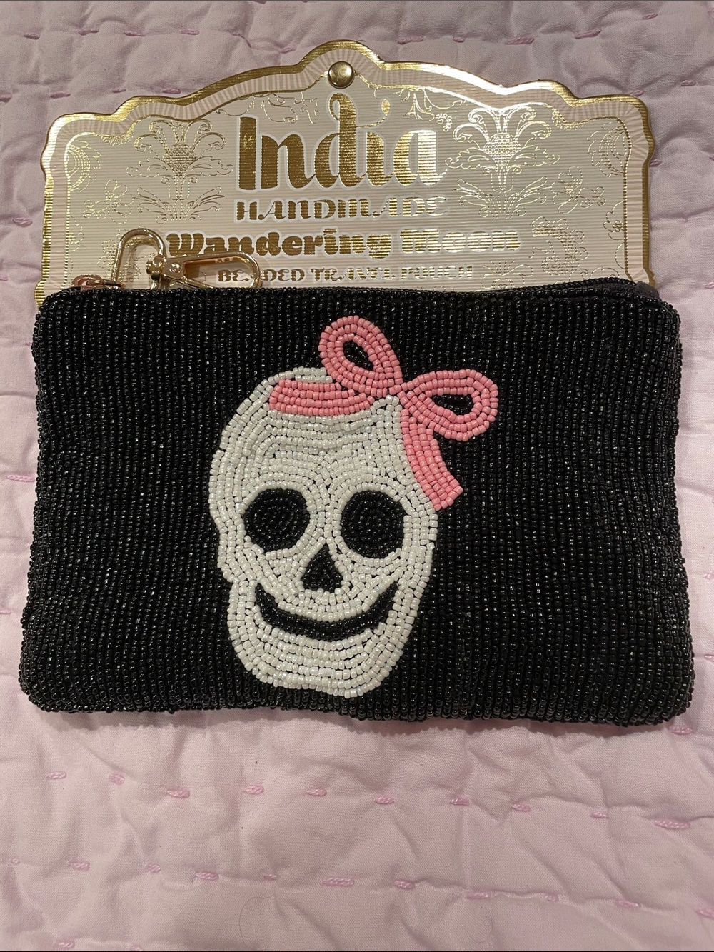 Black Beaded Skull Travel Pouch with Pink Bow